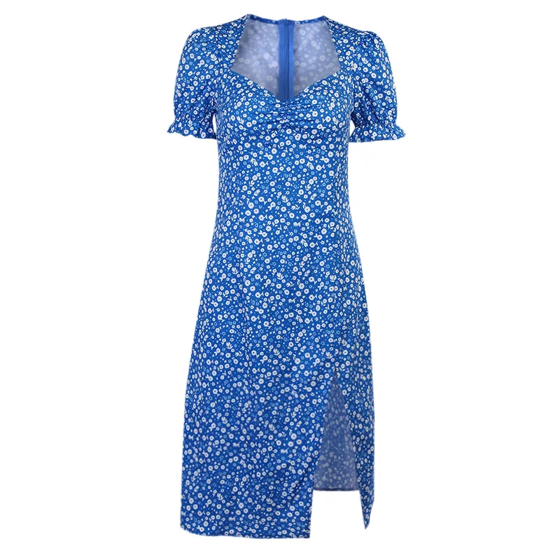 

WannaThis Knee-Length Dresses Women Casual Floral Print Square Collar Dresses Ruffles Puff Sleeve Party Elegant Dresses Lady