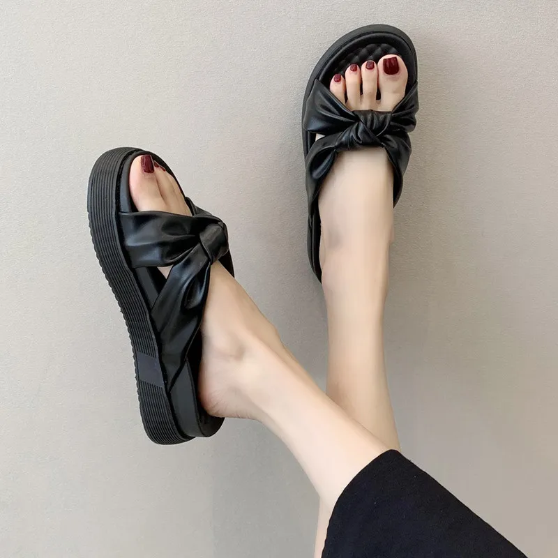 

Flat Shoes Female Ladies' Slippers Slipers Women Platform Butterfly-Knot Med Luxury Slides 2021 Summer Beach Soft Designer PU Bu