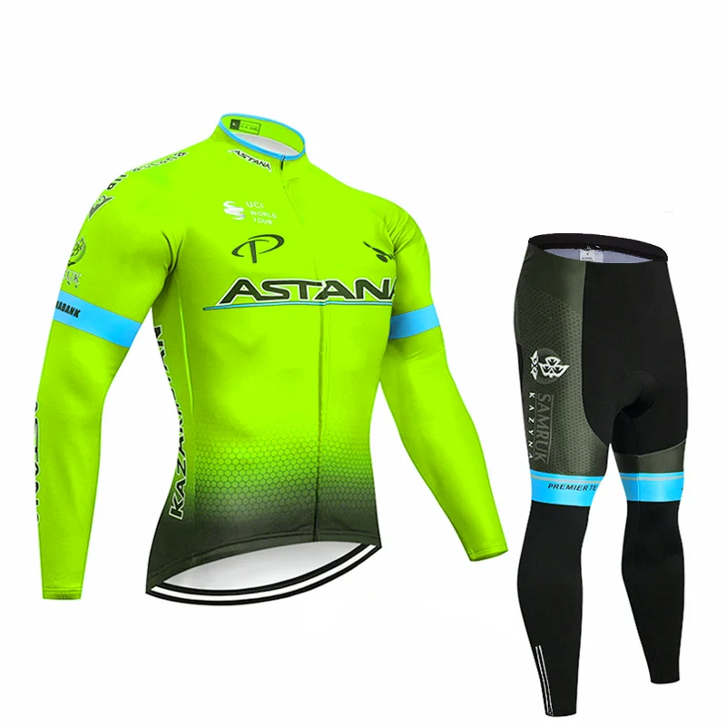 Fluorescent green Астана осень длинный рукав Велоспорт Джерси комплект комбинезон ropa ciclismo велоодежда MTB велосипед Джерси Униформа мужская одежда - Цвет: Fluorescent green