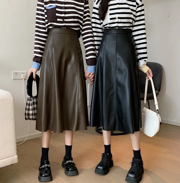 

Женская кожаная юбка средней длины, трапециевидная юбка большого размера с высокой талией и зонтиком