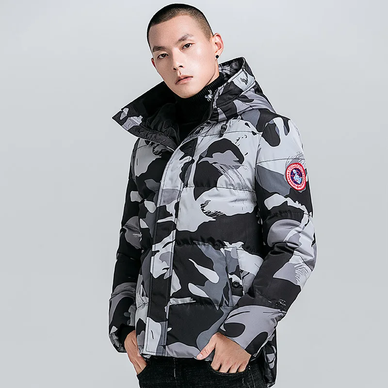 

Winter New European and American Stand Collar Hooded Young Men Cotton Padded Jacket Thickened Warm Camouflage Men Padded Jacket