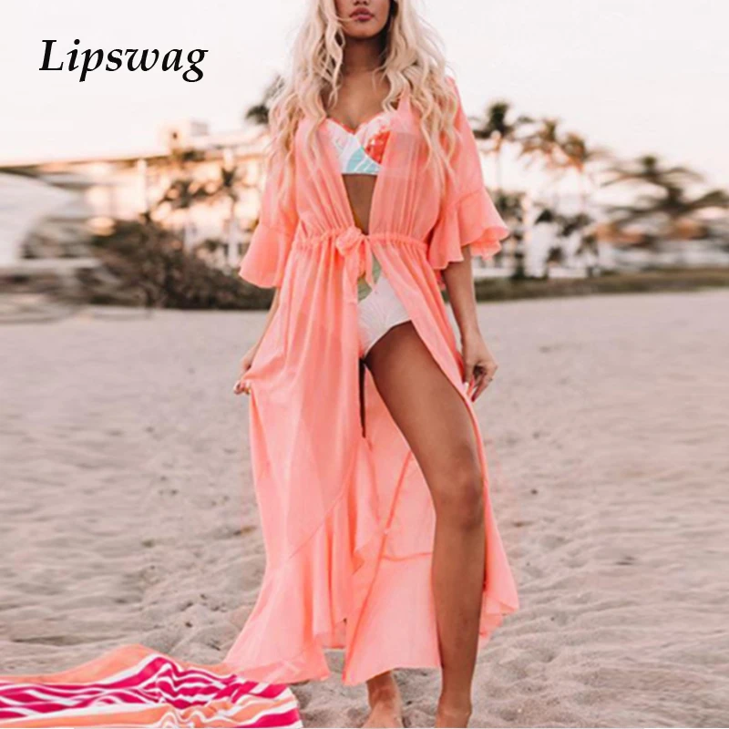 

2021 Bikini Beach Sexy Cover Up Women Cardigan Chiffon Dress Seaside Holiday Coat Sun Protection Long Skirt Bikini Beach Dress