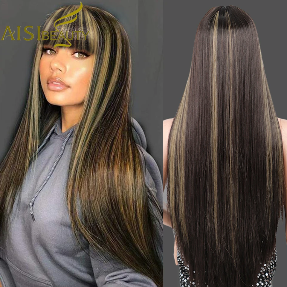 

AISI BEAUTY синтетические парики длинный прямой парик смешанных цветов синтетические парики для с челкой черные коричневые натуральные волосы ...