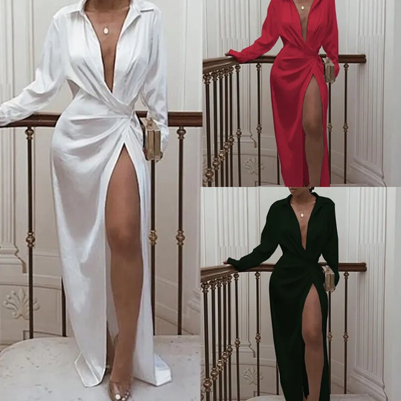 

Women High-waisted Split Dress Lapel Long-sleeved Dress Party Wedding -OPK