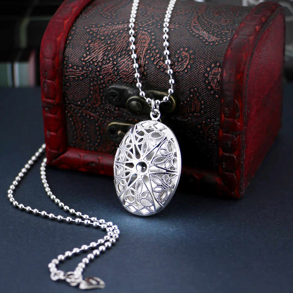 

Bohemian Women's 925 Sterling Silver Necklace Hollow Pattern Oval Box Pendant Necklace Free Custom Photo Anniversary Jewelry