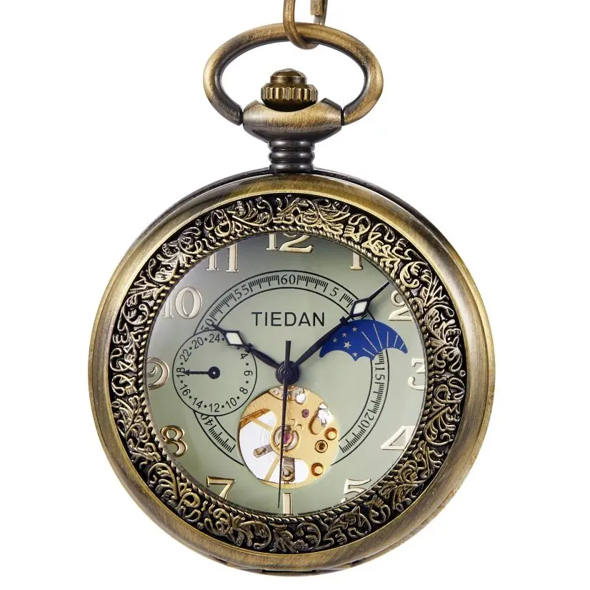 

Vintage Bronze Mechanical Pocket Watch Hand Winding Moon Arabic Numerals Dial Fob Chain Clock for Men Dropshipping Pendants