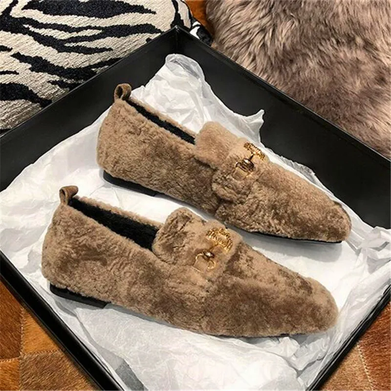 Меховые лоферы с квадратным носом без шнуровки кожаная обувь на плоской подошве