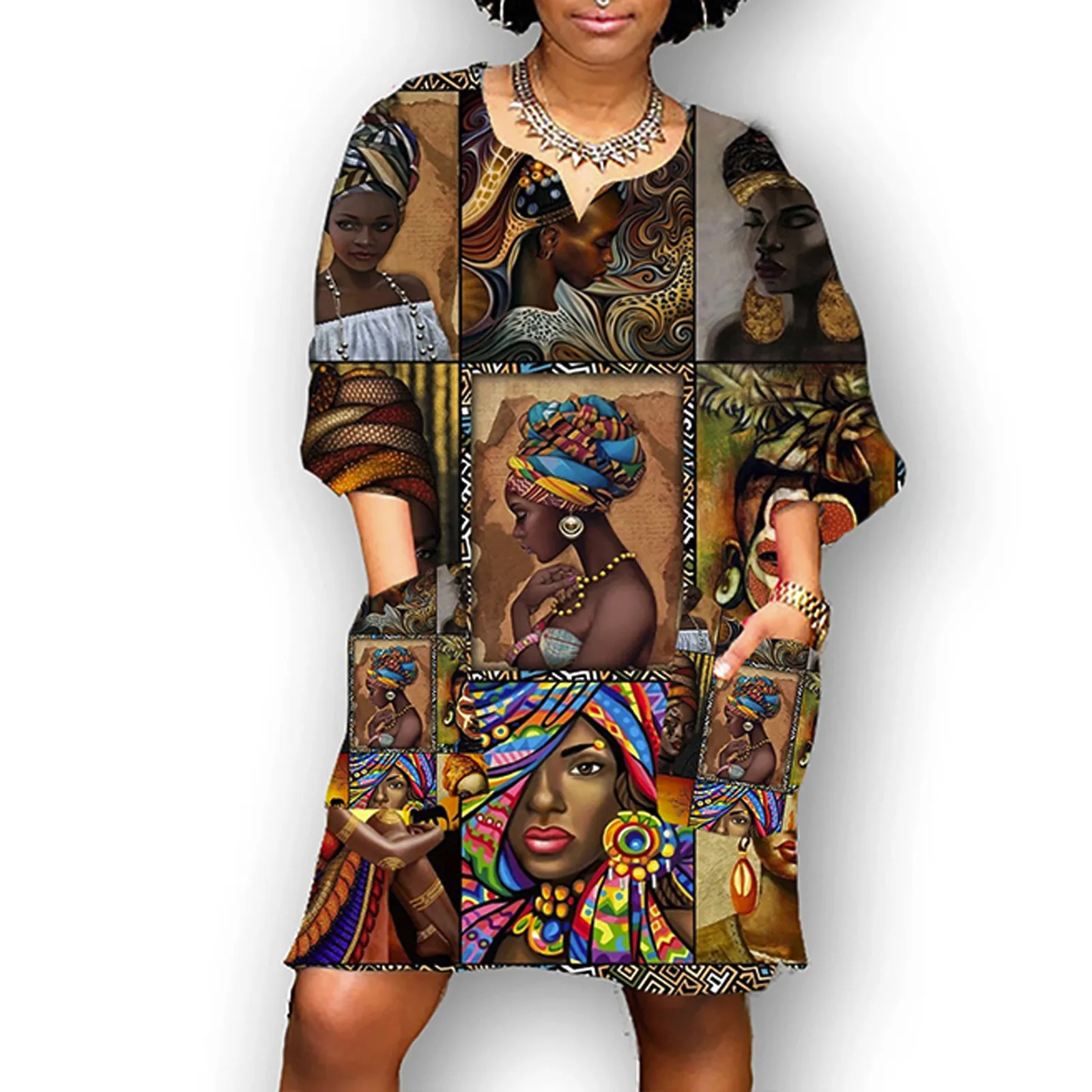 

Women's Dress Fashion African Vintage Print Middle Sleeve Casual Ethnic Holiday Style Refreshing Casual Mini Dress Stmosphere