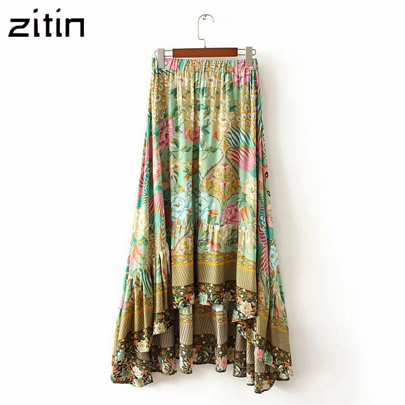 Женская плиссированная Асимметричная юбка с цветочным принтом boho chic Длинная