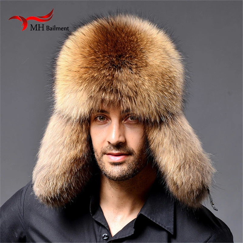 Winter Fox real Fur Lei Feng Hat Men's Raccoon Fur Ear Protection Straw Hat Outdoor Warm Fashion Leather hats Men