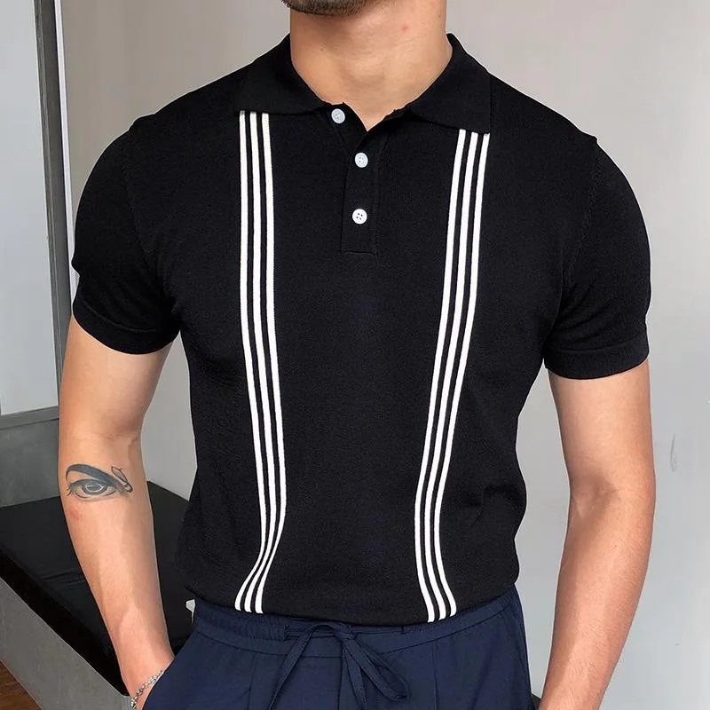 

Summer Men's Casual Short Sleeve Slim Polo Shirts 2021 New Fashion Striped Printed Buttoned Tops Men Turn-down Collar Polo Shirt