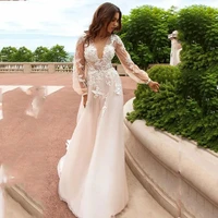 blush pink wedding dresses bridal gown long sleeves lace applique sexy deep v neck custom made tulle a line beach illusion 2022