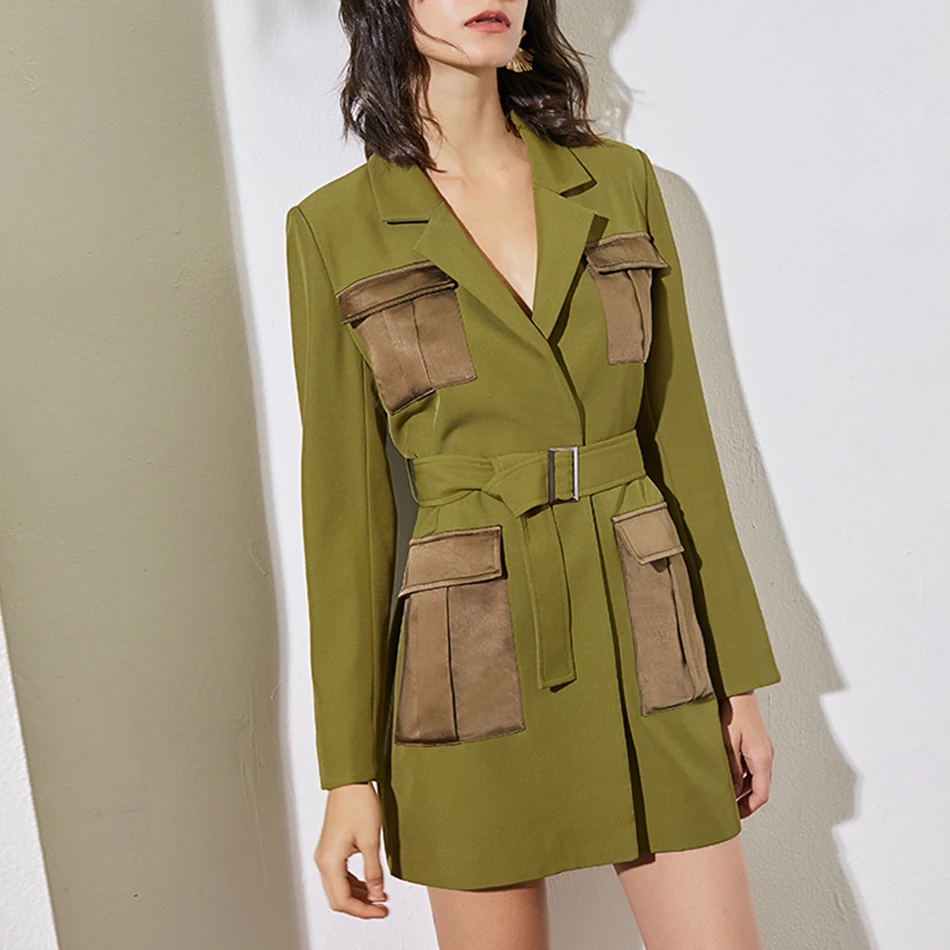 Элегантный женский блейзер с длинным рукавом и высокой талией поясом карманами