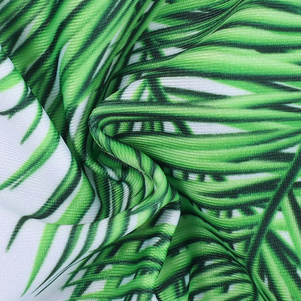 

2021 Hot New Summer Women's Fashion Green Leaves Print Bikini Swimwear Sexy Patchwork Straps Beachwear Sexy One-piece Bodysuit