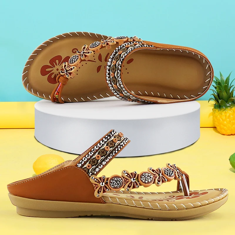 Luxury Sandals Ladies 2022 Toe Ring Comfortable Print Slides Women Designer Crystal Retro Female Summer Shoes Holidays Bohemian