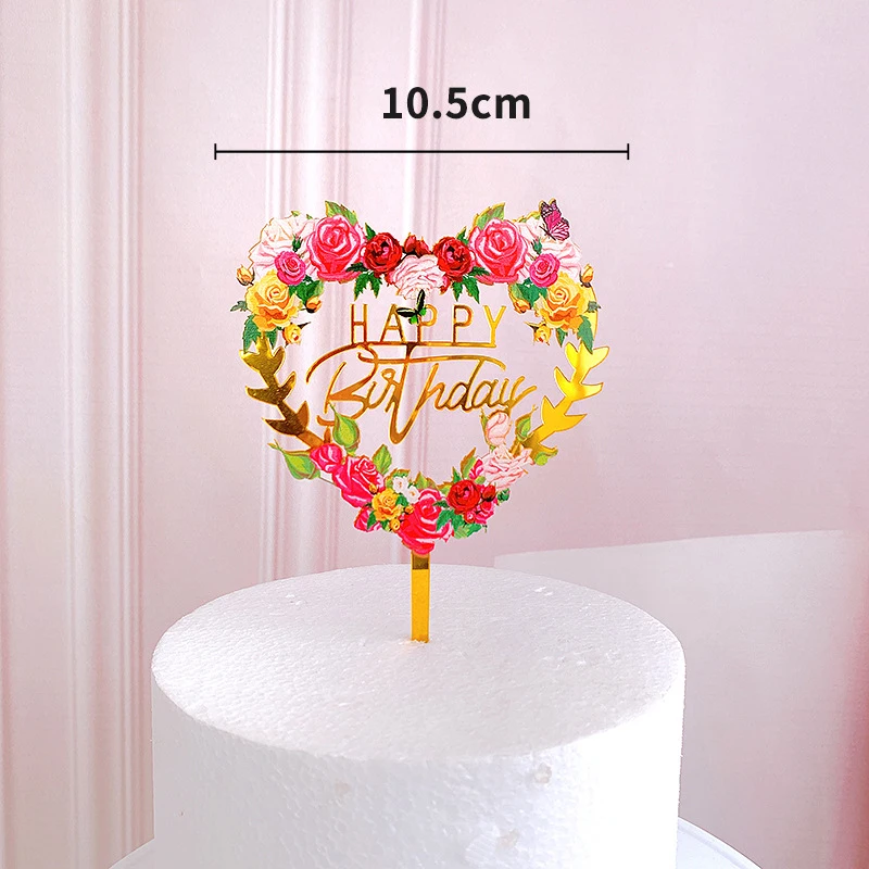 

Flowers Happy Birthday Cake Topper Golden Acrylic Birthday Party Dessert Decoration Mr and Mrs Cake Topper Wedding Decoration
