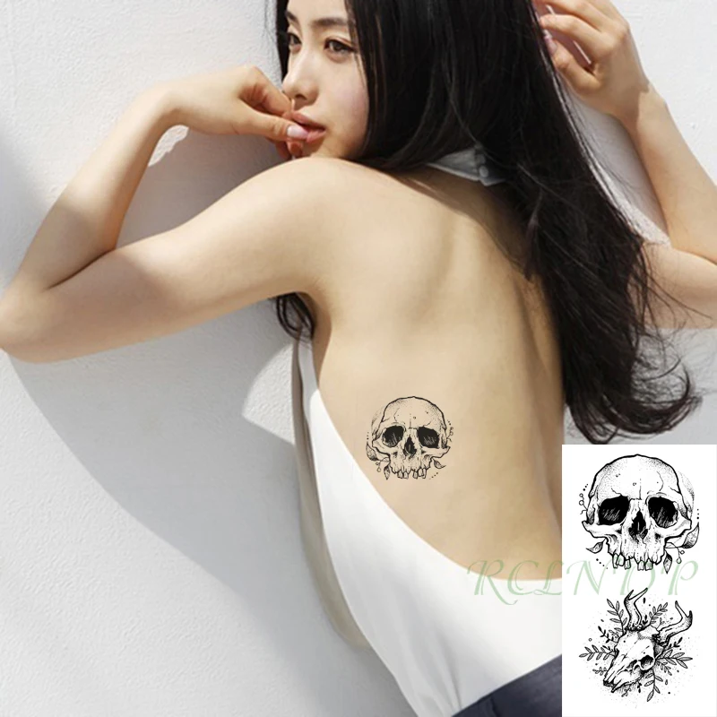

Waterproof Temporary Tattoo Sticker Black Skull Flower Flash Tatoo Fake Tatto Hand Arm Neck Body Body Art for Woman Men
