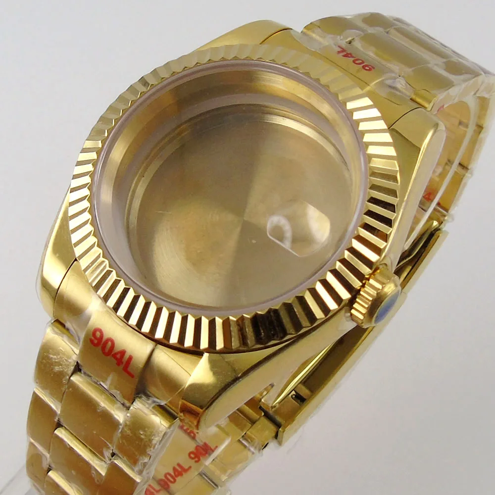 36mm fit NH35A NH36A MIYOTA ETA 2824 Coin Bezel Yellow Gold Coated Watch Case Screw Crown
