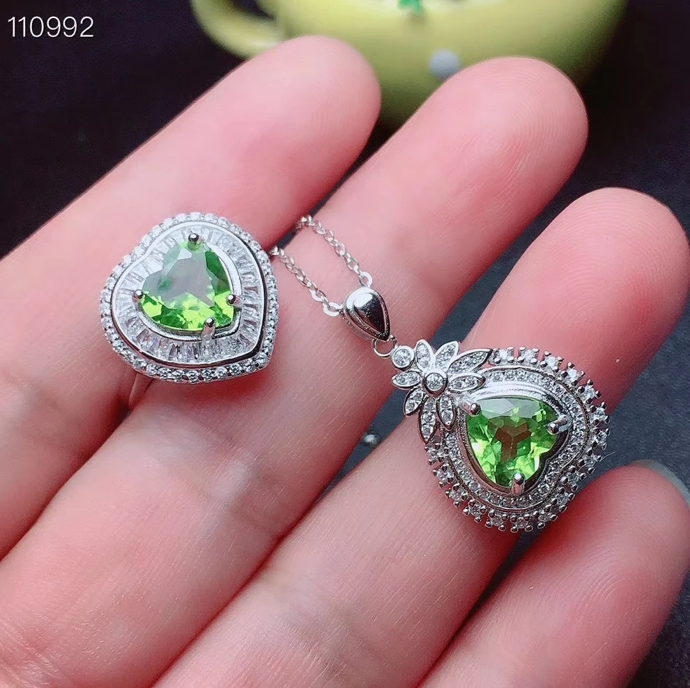 Очаровательный Зеленый Перидот кольцо и ожерелье из драгоценных камней комплект