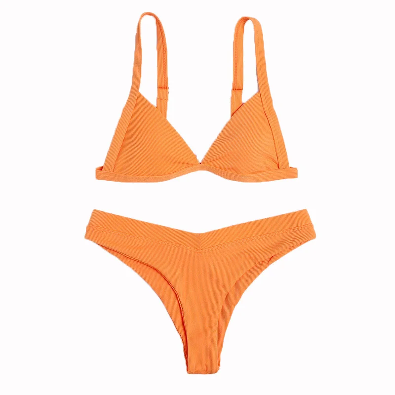 

Orange Ribbed Bikini Set Swimsuit 2021 Women Swimwear Sexy Solid Color Wireless Slim Two-piece Suits Bathing Suit Push Up Bikini
