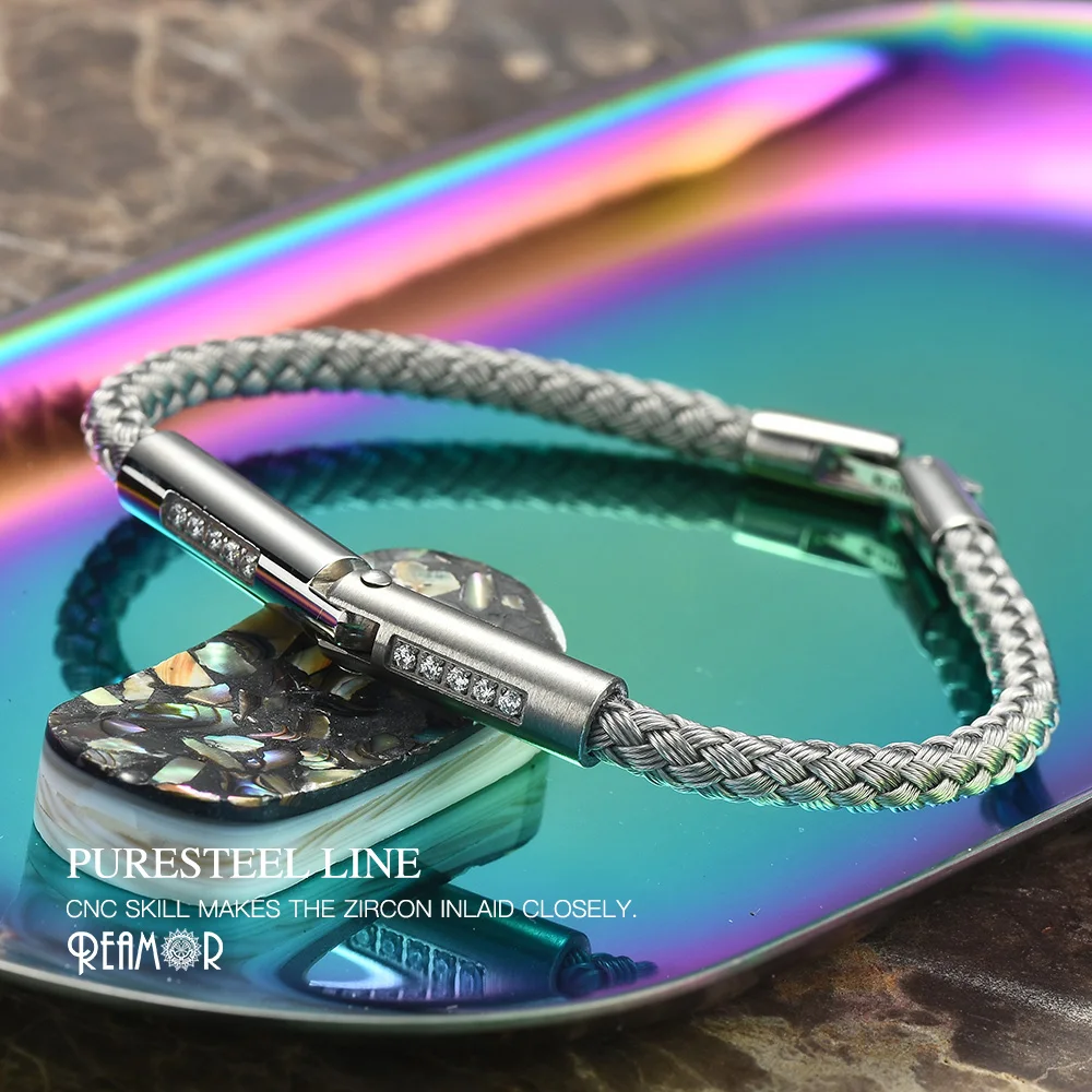 

REAMOR High Quality Silver Color CNC Inlay Zircon Connector Bracelet Steel Wire Splicing Mechanical Bracelets Bangles Men Women