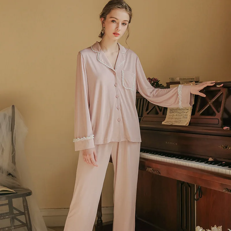 

Women Casual Fashion Long Sleeve Pajamas INS Lady Sleepwear Lace Modal Pijama Mujer Loose Casual 2 Piece Sleepwear Sexy Set
