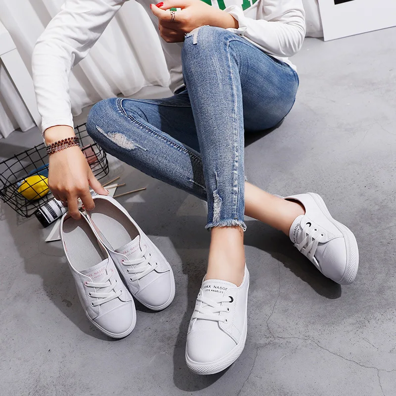 

Women's Genuine Leather Sneakers Women Casual Fashionable Sports Shoes Vulcanized Woman Summer Flat Shoe Ladies White Lacing 40