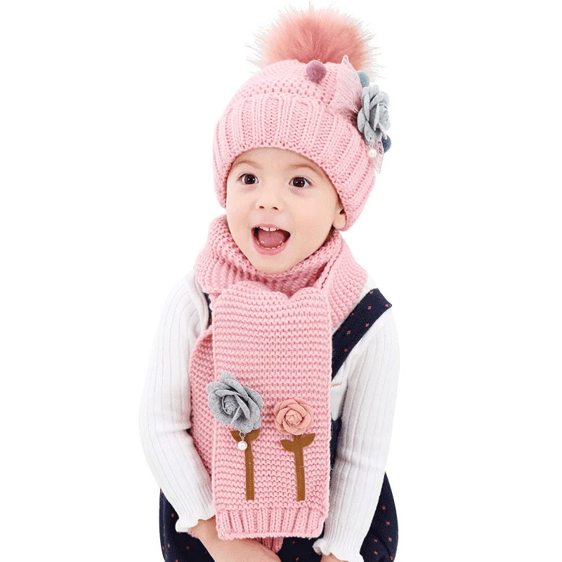 

Children's clothing Cute Flower Scarf Hat Set cotton Girls Soft Thickened Pom pom Beanie Scarf Set Kids Winter Scarf Hat Kit 2pc