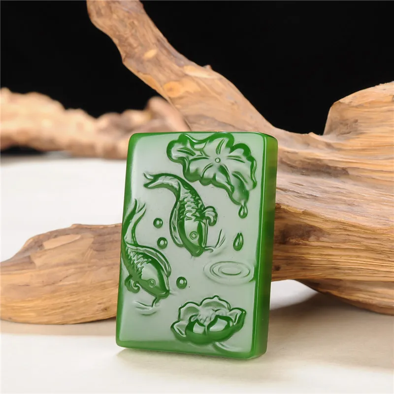 Natural Green Jade Carp Lotus Pendant Necklace Chinese Hand-carved Charm Jadeite Jewelry Fashion Amulet Gifts for Men Women | Украшения и