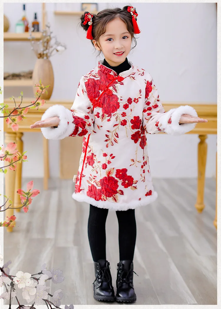 Детское пальто Cheongsam в китайском стиле с пионами; костюм Tang; детское осенне-зимнее платье с длинными рукавами; плотные платья для девочек; одежда на год