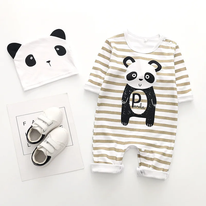 

Autumn 0-12M Baby Rompers Long Sleeve Cotton Jumpsuit Infant panda print Cartoon Newborn Baby Clothes Romper+hat Toddler Outfits