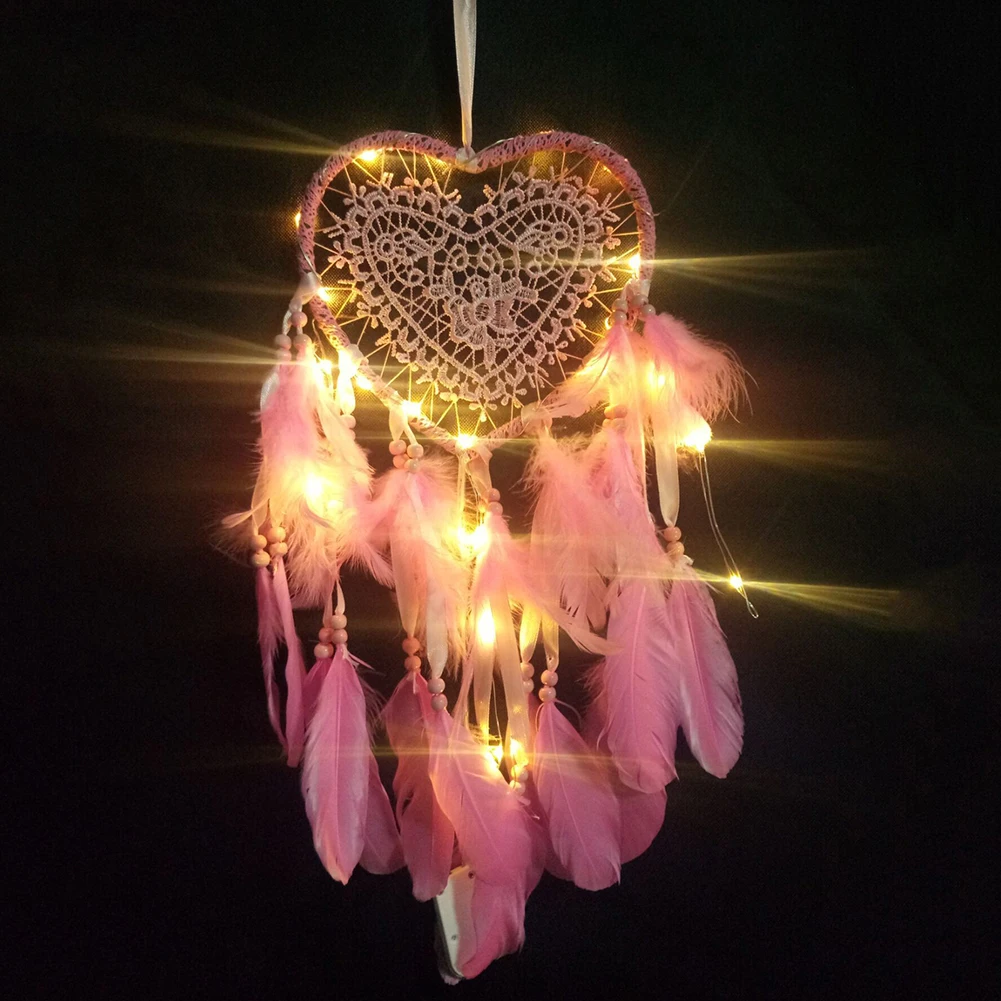 Dreamcatcher Heart Shape Handmade Feather Pendant LED String Light Dream Catcher Braided Wind Chimes Hanging Car Home Decoration | Дом и сад