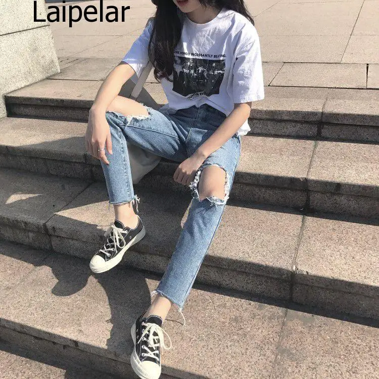 Jeans Denim Women Holes Zipper Pockets Straight Retro Casual Womens Slim High Waist All-match Vintage Chic Korean Style Daily | Женская