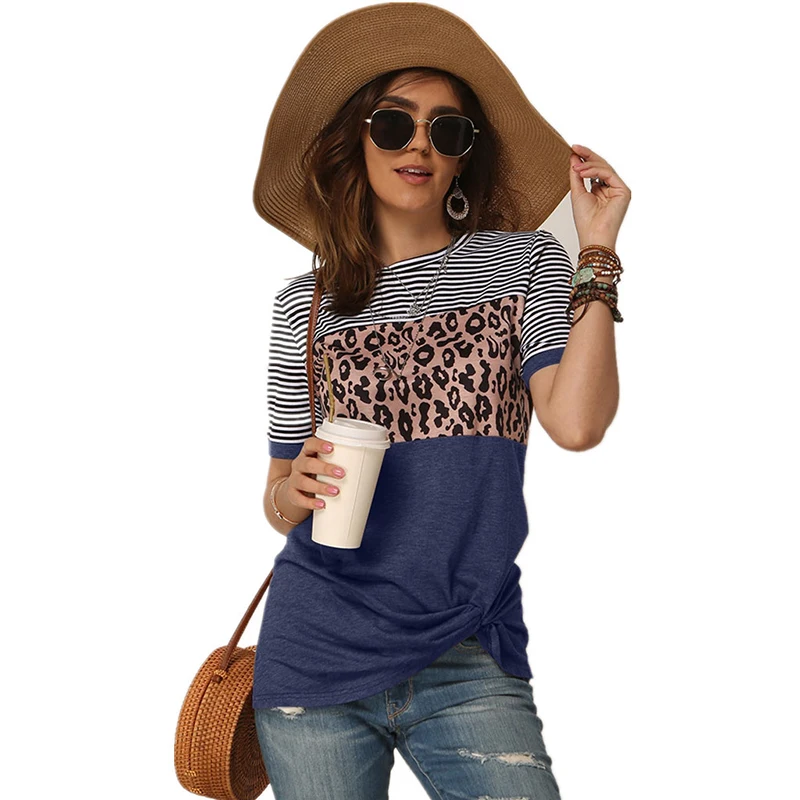 

Top Women's t-shirts summer traf striped stitching leopard round neck pullover top harajuku street casual y2k woman tshirts 136