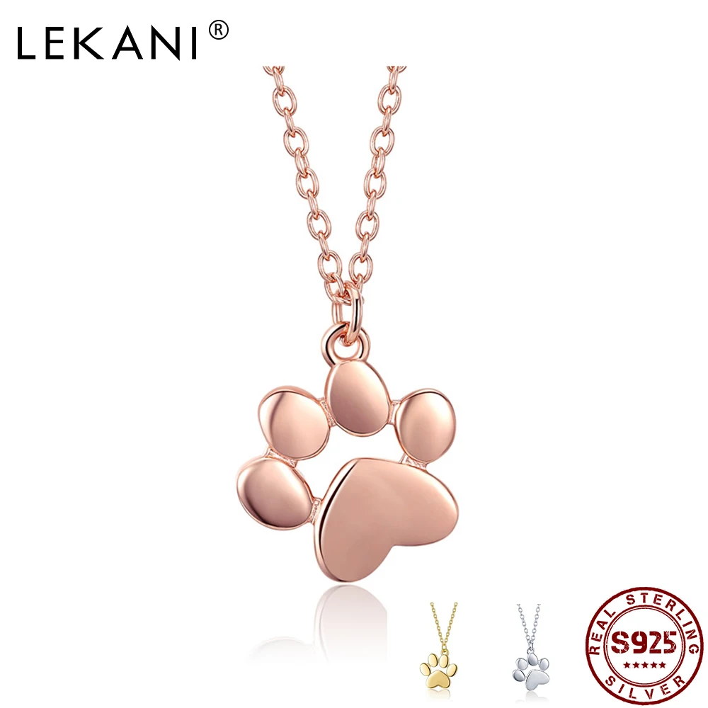 

LEKANI 100% Genuine 925 Sterling Silver Necklace Cute Animal Dog And Cat Footprints Paw Pendants Necklaces Unisex Fine Jewelry