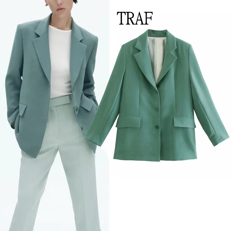 

TRAF Dark Green Blazer Women Fashion Single Button Long Sleeve Solid Women's Jacket 2021 Spring Casual Female Elegant Blazers