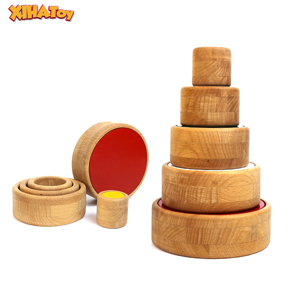

XIHATOY натуральные деревянные штабелируемые чаши детская игрушка Монтессори цветные штабелируемые блоки цветная краска детская деревянная ...