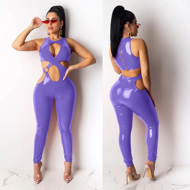 Сексуальный полый комбинезон женский черный из искусственной кожи Облегающий на