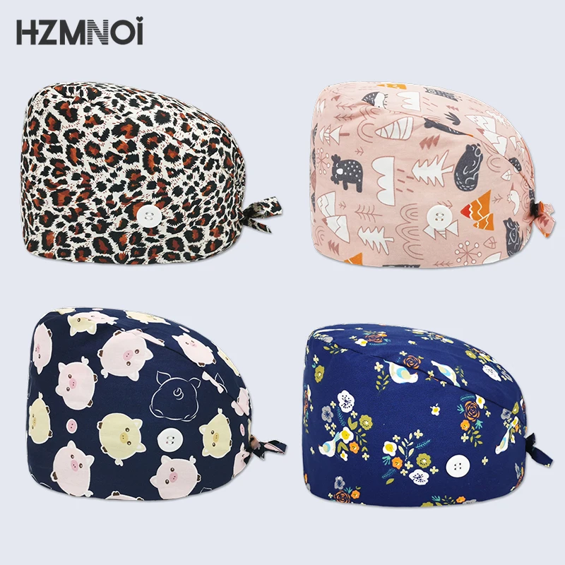 

2021 New Scrub Female Nurse Hat Fashion Breathable Scrub Cap with Sweatband Cartoon Printing Nursing Dustproof Scrub Cap