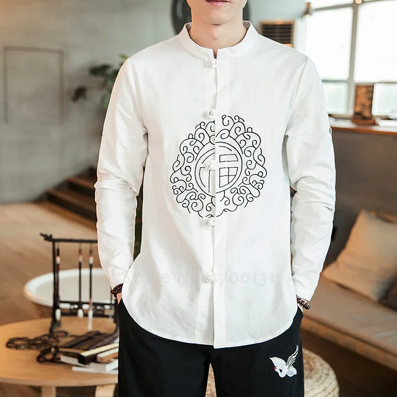 Летняя льняная футболка в японском стиле Мужская китайском топы Qipao свободная