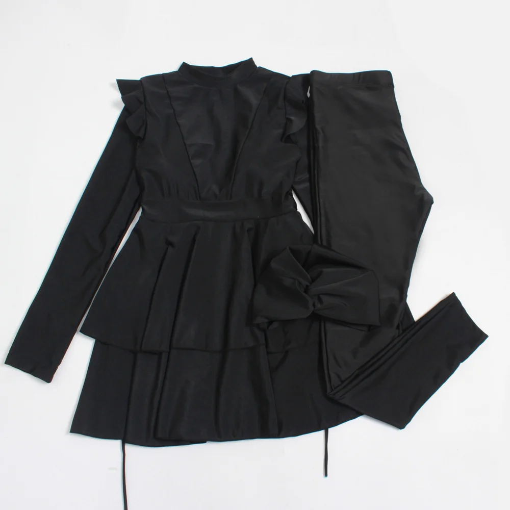 

3 Pieces Plus Size Muslim Swimwear 2021 Whole Black Ruffle Burkini With Bra Padding Swimsuits Women Maillot De Bain Femme