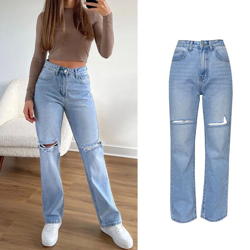 

Woman Casual Jeans High Waist Clothes Denim Clothing Blue Streetwear Vintage Quality 2021 Fashion Hole Harajuku Straight Pants
