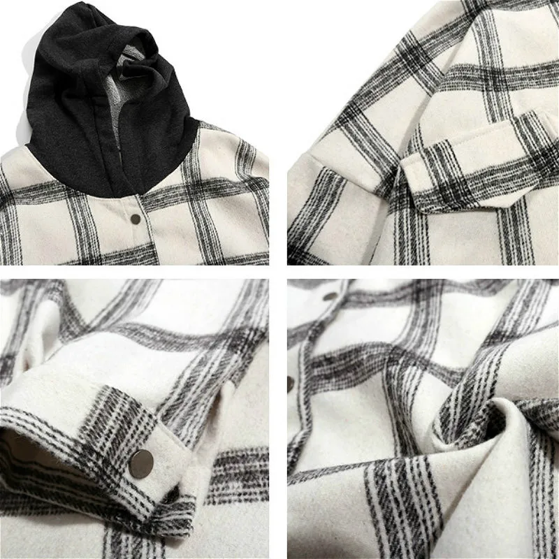 

Plaid Jackets Men Winter Thick Basic Loose Korean Retro Streetwear Outwear Stitching Hat Mens Patchwork Simple Daily Jacket New