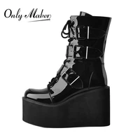 onlymaker round toe platform black color patent leather wedges heels side zip ankle boots big size us5us15