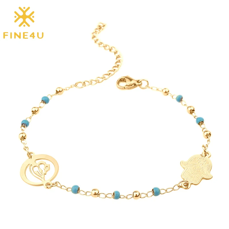 Мусульманский браслет с шармами Хамса из нержавеющей стали FINE4U B229 разноцветные