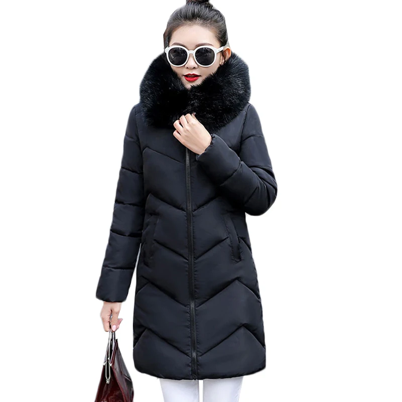 Winter Coat Women Thicken Down Cotton Jacket Hooded Fur Collar Mid-Long Outerwear Warm Snow Cotton Padded Jacket