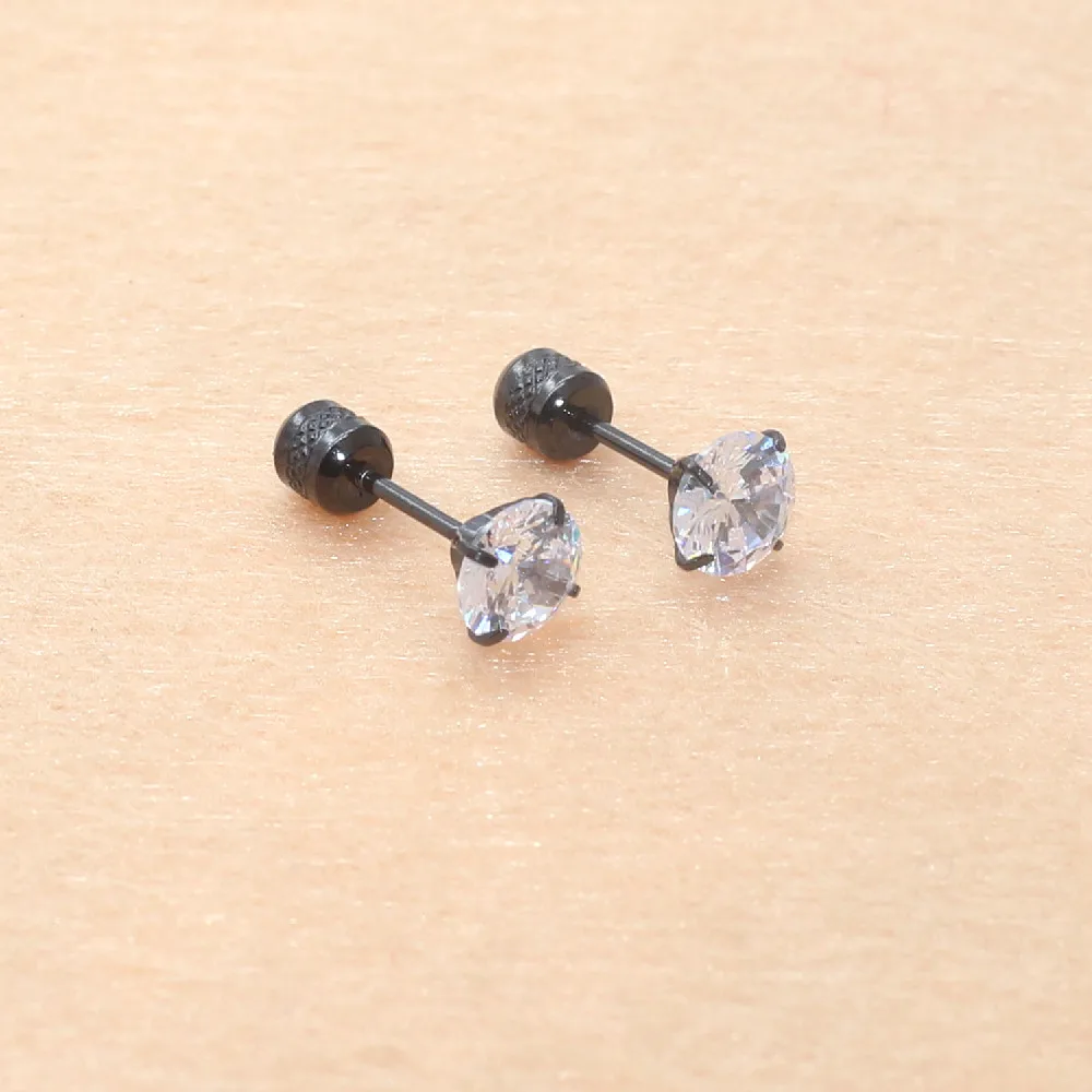 316L Stainless Steel Black Plating Screw Earrings With AAA Round Clean Zircon Earring No Fade Allergy Free Quality Jewelry