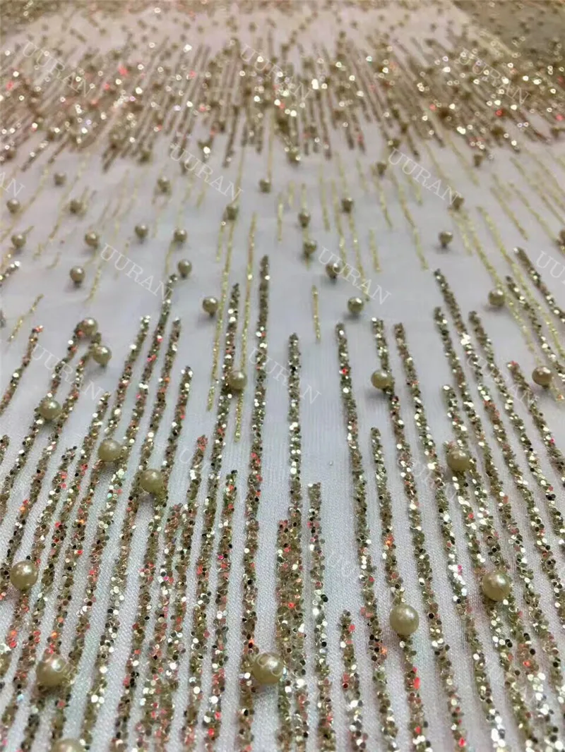 

Gold French Net Lace Fabric with Beads Glued Glitter African Tulle Lace Fabric