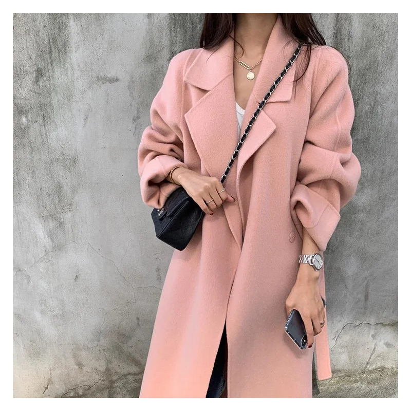 

Женское двустороннее кашемировое пальто, свободное шерстяное твидовое пальто средней и длины с Боковым Разрезом в Корейском стиле, Осень-з...