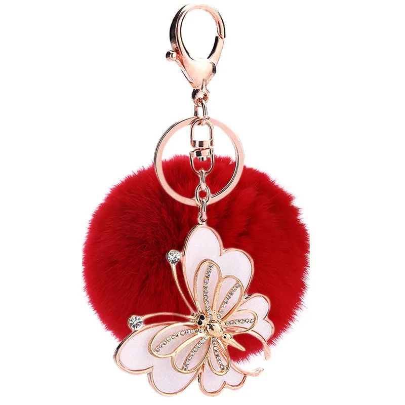 

2020 Cute Rhinestone butterfly keychain fake Fur Key Chain Popular Women Trinket Car bag Key Ring Jewelry Gift fluff keychains
